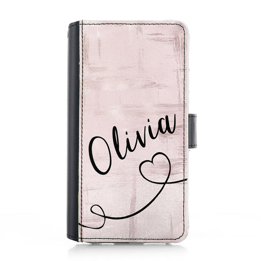 Personalised Samsung Leather Case - Pink Patterned Name and Heart