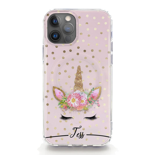Personalised Magsafe iPhone Case - Pink Unicorn and Gold Polka