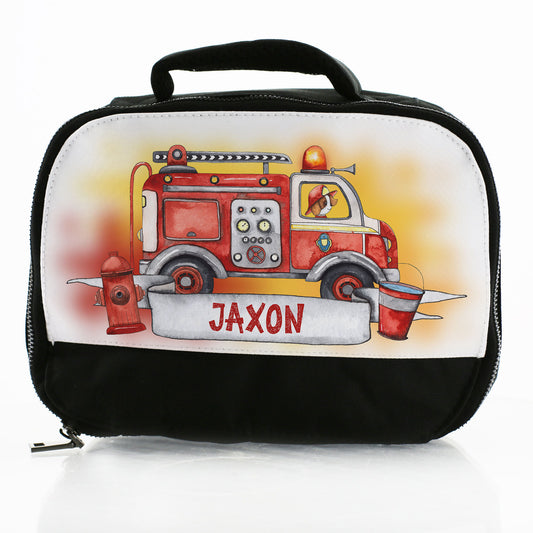 Personalisierte Lunchtasche mit Feuerwehrautos und Text