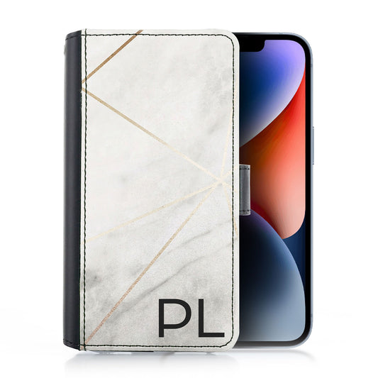 Personalised iPhone Leather Wallet on Grey Marble and Black Monogram