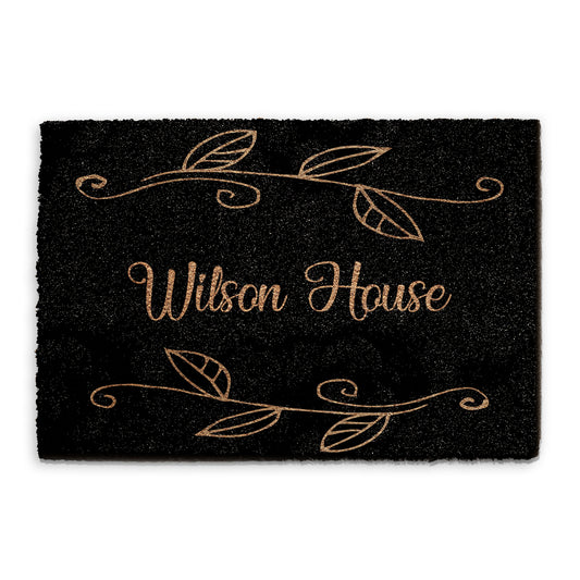 Personalised Doormat - Black Floral Leaf Family Name