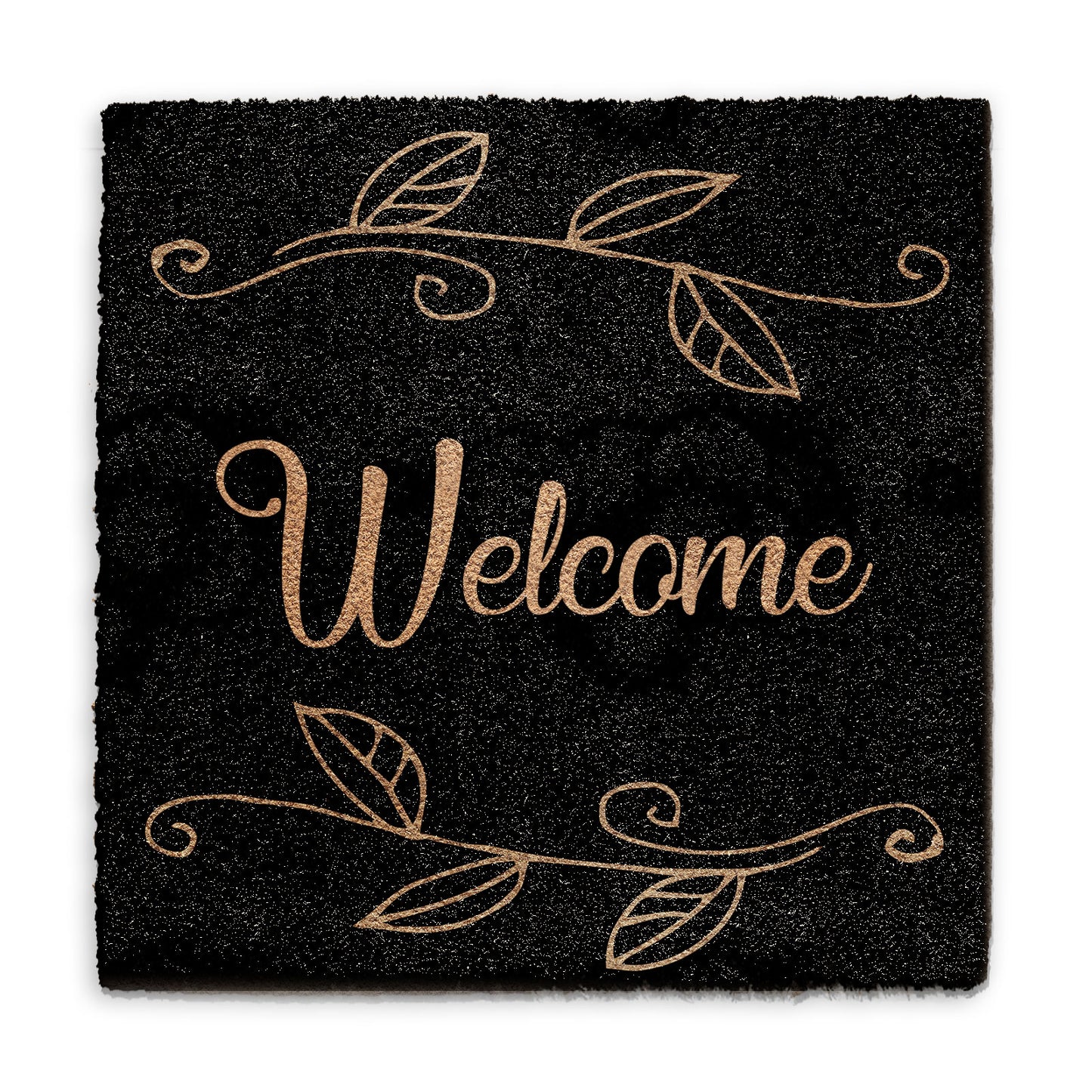 Coir Doormat - Black Floral Welcome