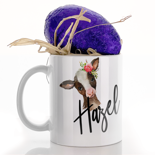 Personalised Mug with Stylish Text and Pink Flower Brown Cow