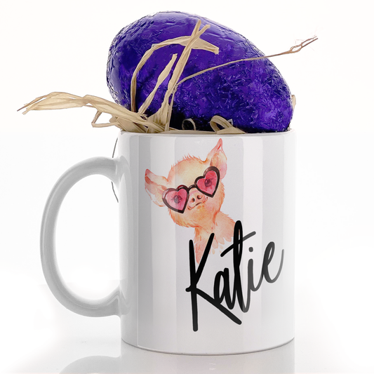 Personalised Mug with Stylish Text and Heart Glasses Pig