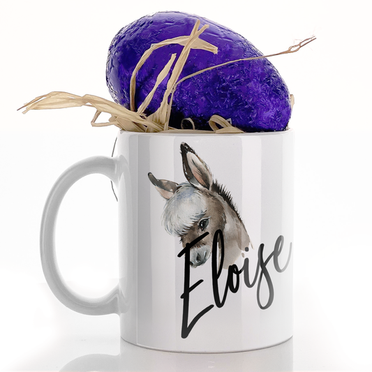 Personalised Mug with Stylish Text and White Flower Donkey