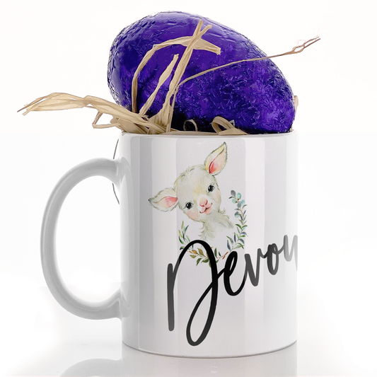 Personalised Mug with Stylish Text and Wreath Lamb