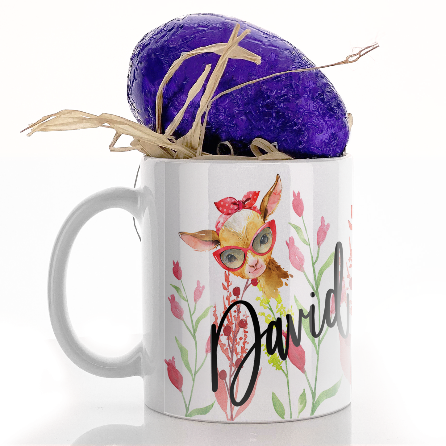 Personalised Mug with Stylish Text and Ginger Goat & Red Flowers