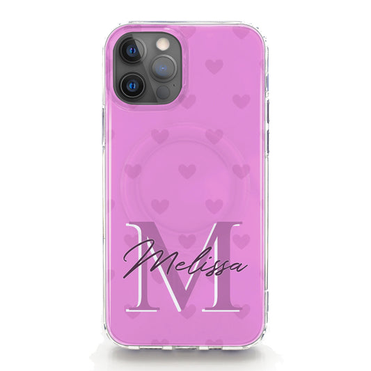 Personalised Magsafe iPhone Case - Pink Heart Monogram and Name