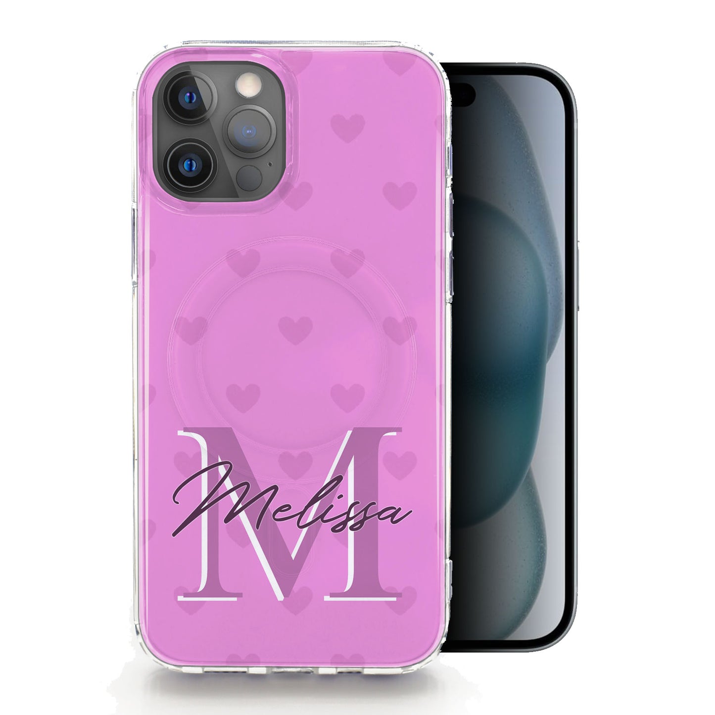 Personalised Magsafe iPhone Case - Pink Heart Monogram and Name