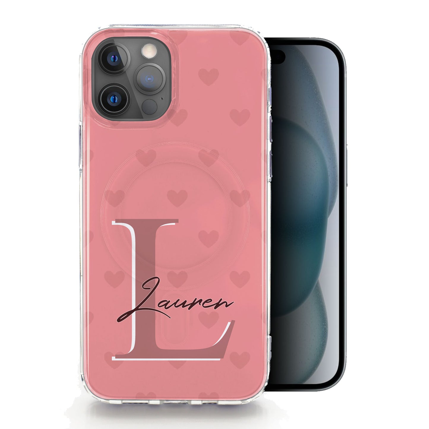 Personalised Magsafe iPhone Case - Rose Pink Heart Monogram and Name