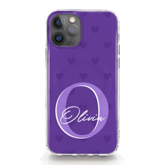 Personalised Magsafe iPhone Case - Purple Heart Monogram and Name