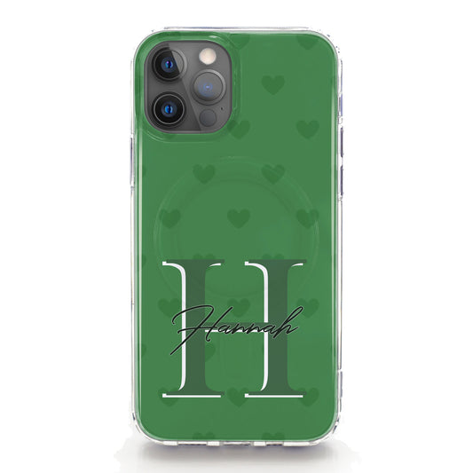 Personalised Magsafe iPhone Case - Green Heart Monogram and Name