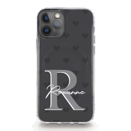 Personalised Magsafe iPhone Case - Grey Heart Monogram and Name