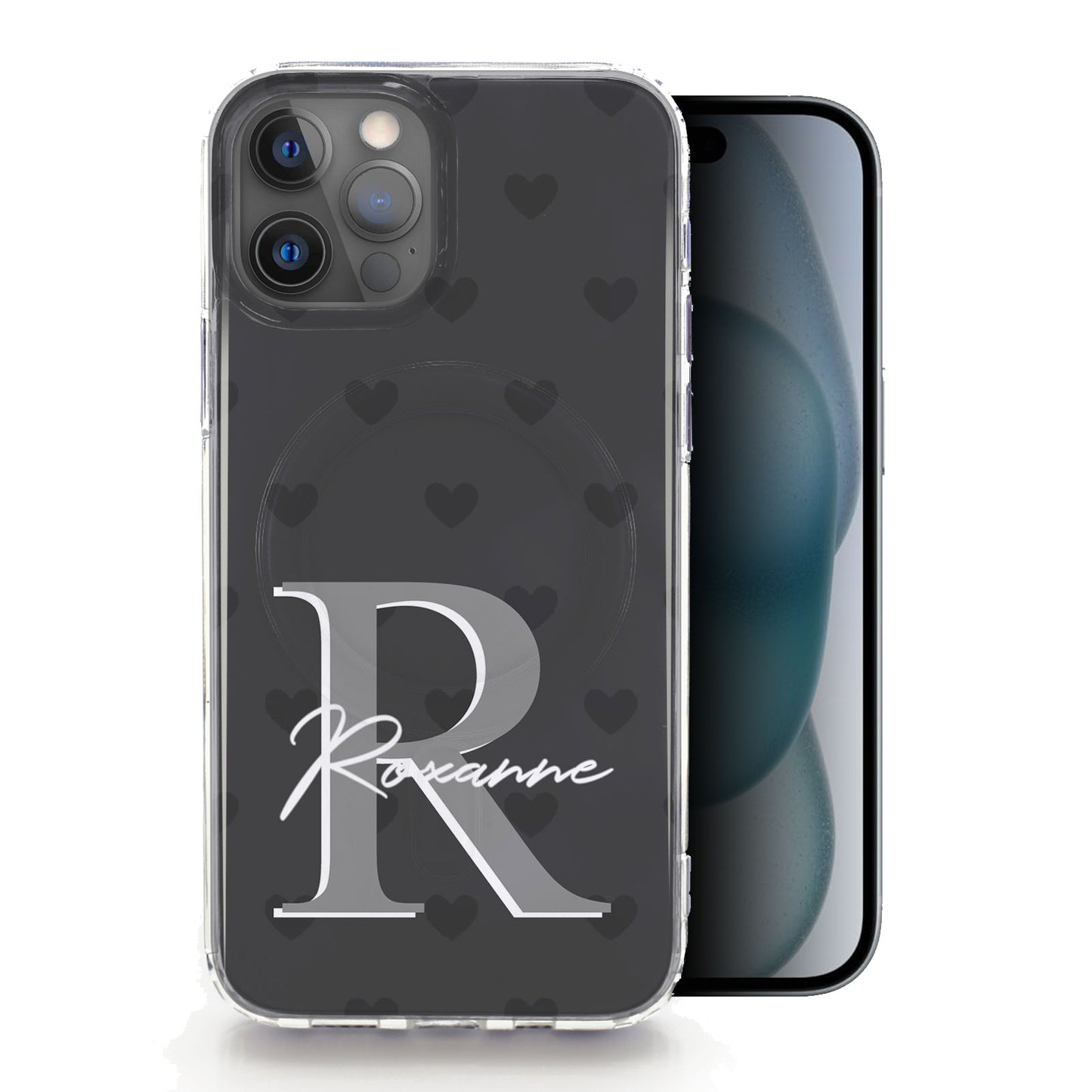 Personalised Magsafe iPhone Case - Grey Heart Monogram and Name