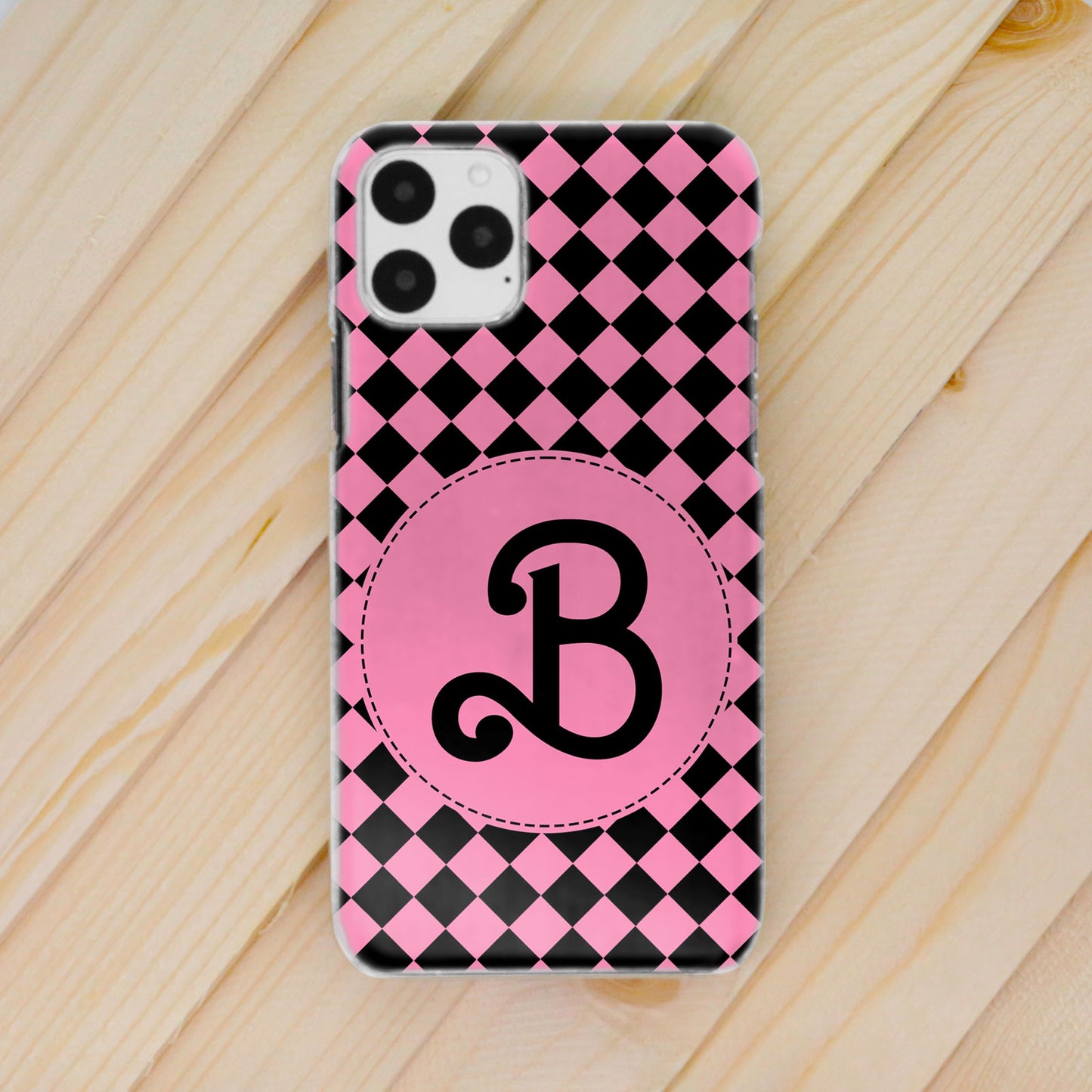 Personalised Barbie Inspired iPhone Case - Black and Pink Check Monogram