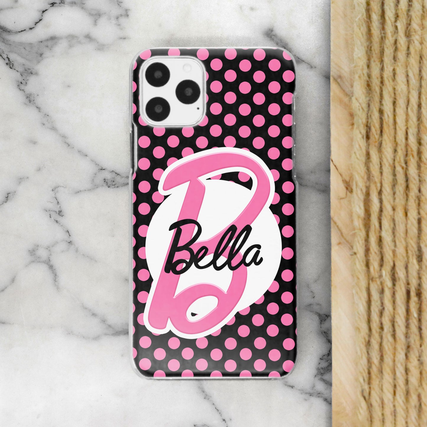 Personalised Barbie Inspired iPhone Case - Pink and Black Polka with Initial/Name