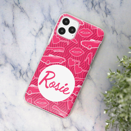 Personalised Barbie Inspired iPhone Case - Pink Stickerbomb and Name