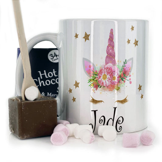 Personalisierte Tasse mit mystischem Text und goldenen Wimpern, rosa Blumen-Einhorn