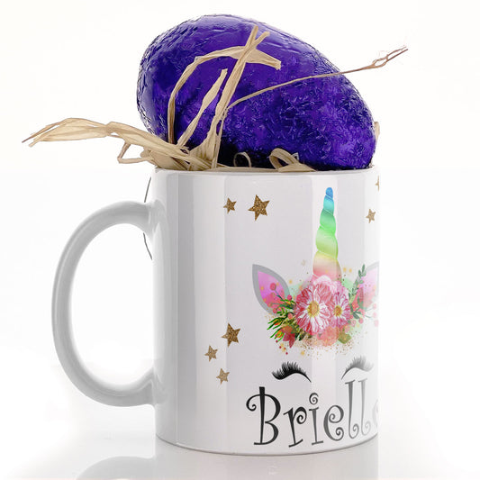 Personalisierte Tasse mit mystischem Text und fröhlichem Regenbogen-Blumeneinhorn