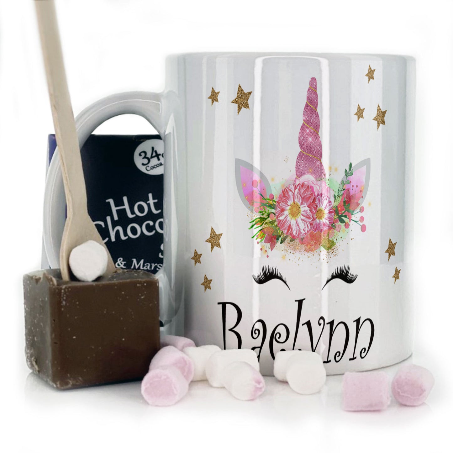 Personalised Mug with Mystical Text and Happy Pink Floral Unicorn