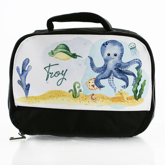 Personalisierte Lunchtasche mit blauem Oktopus und Namen