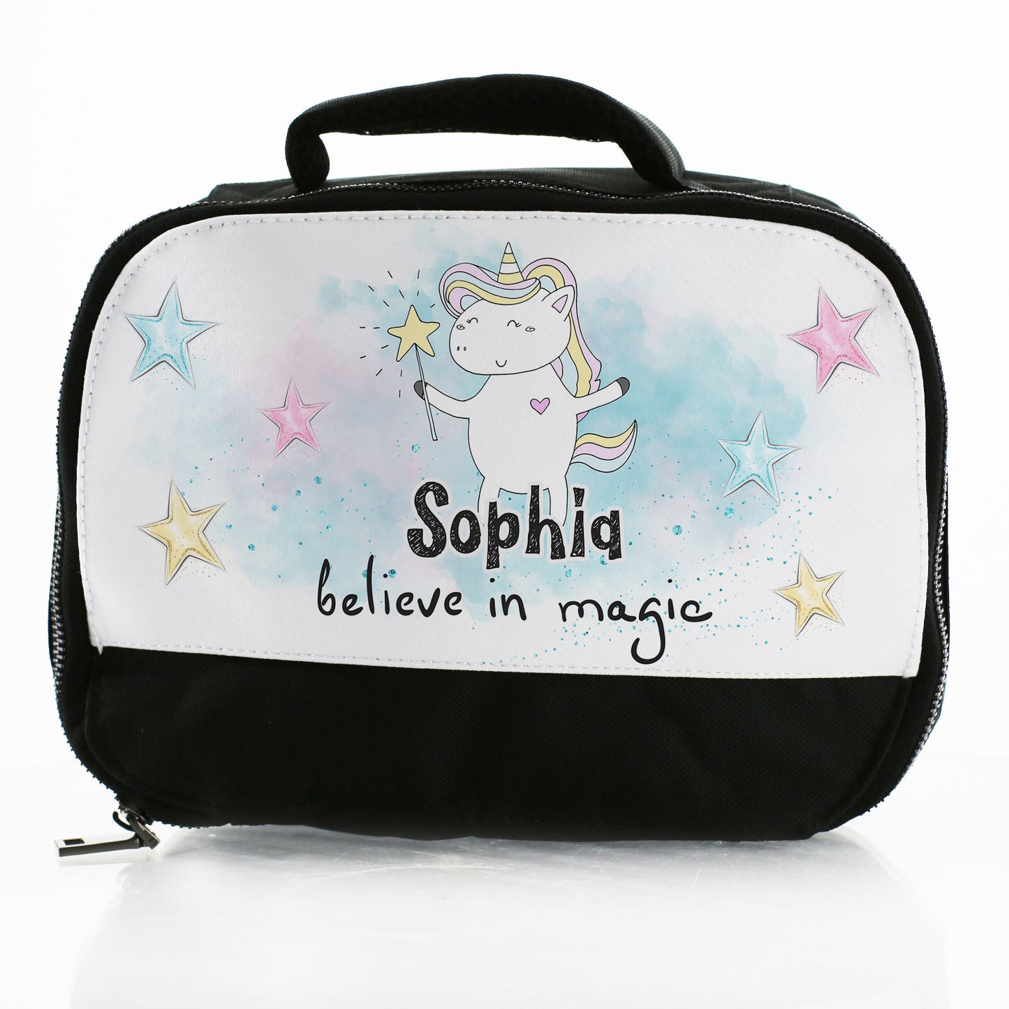 Personalisierte Lunchtasche mit „Believe in Unicorns“ und Namen