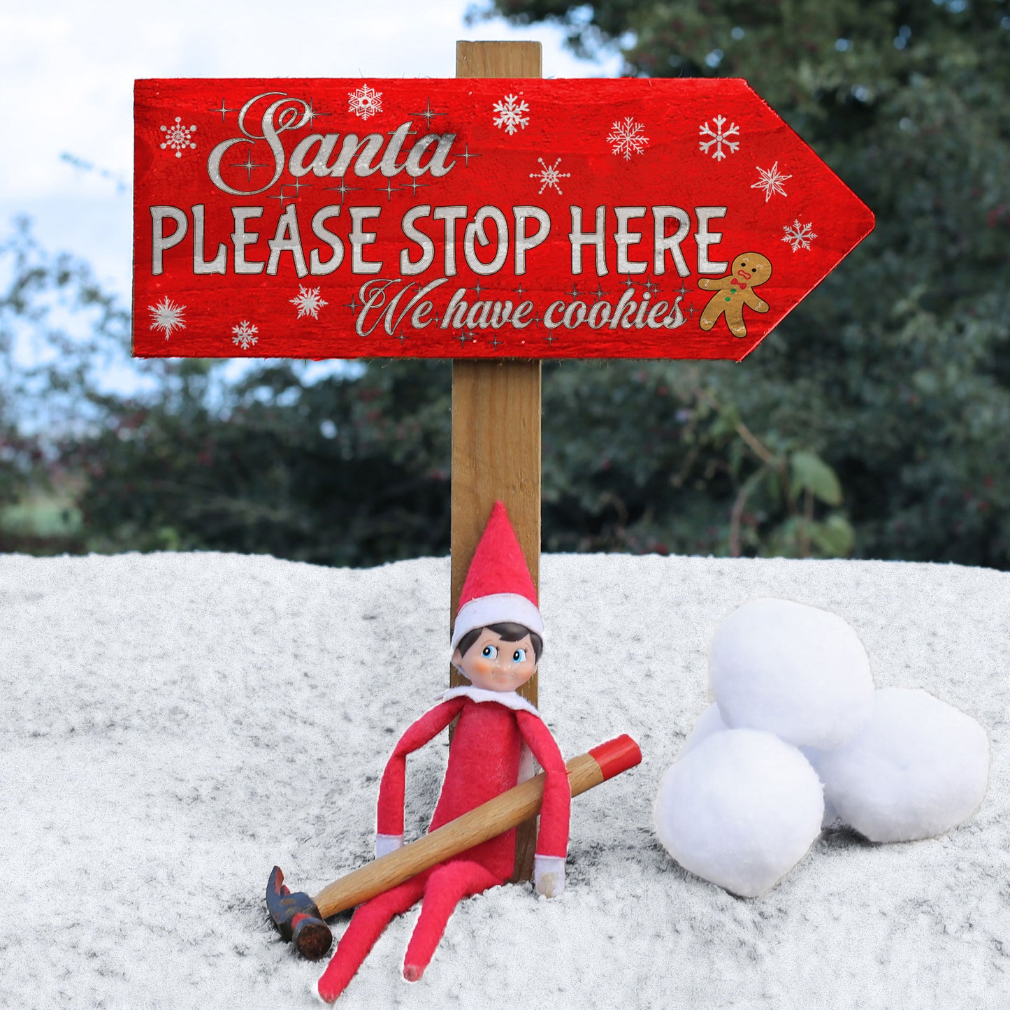 Santa Please Stop Here Garden Sign - Gingerbread Red