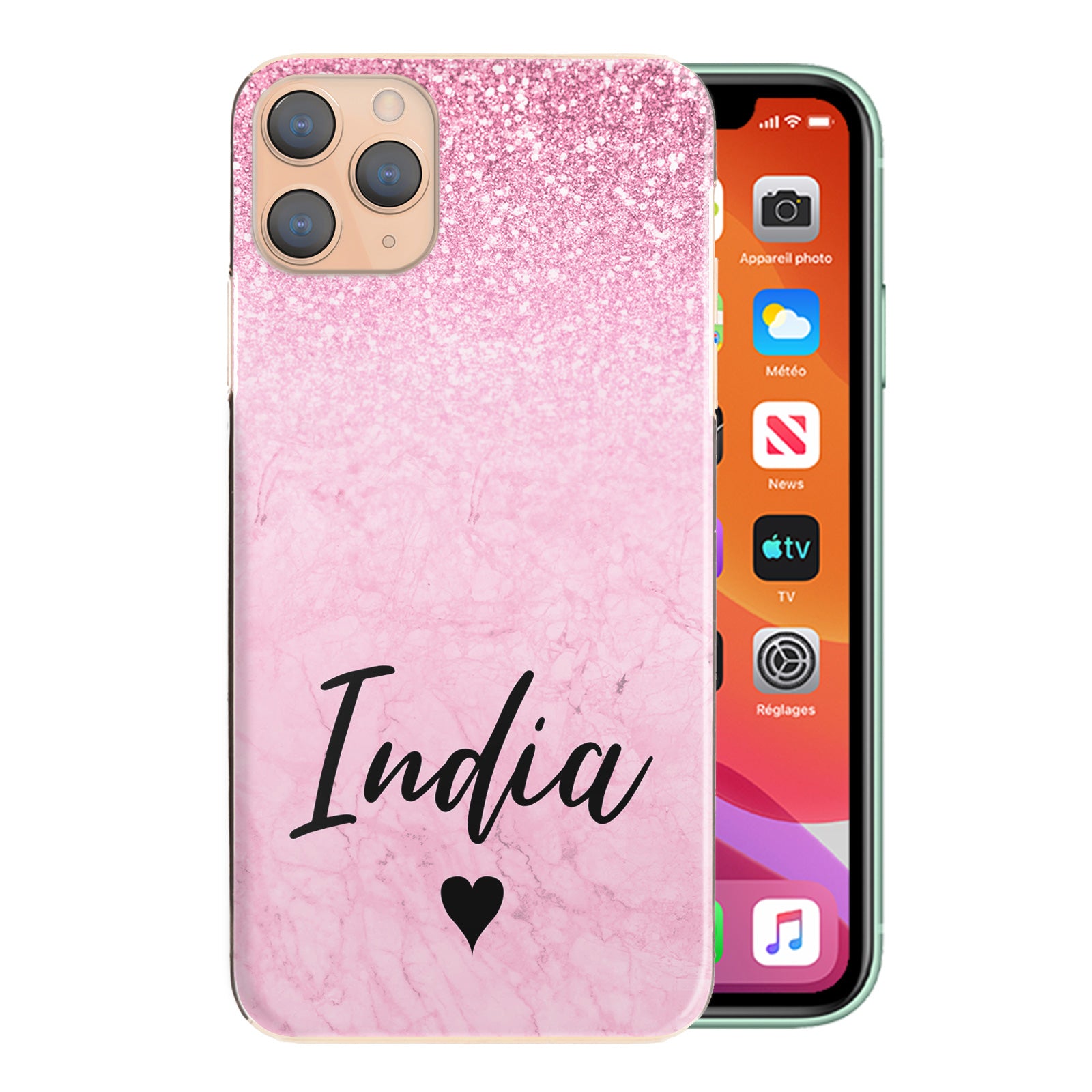 Personalised Apple iPhone Hard Case - Pink Marble Fade & Black Heart Name
