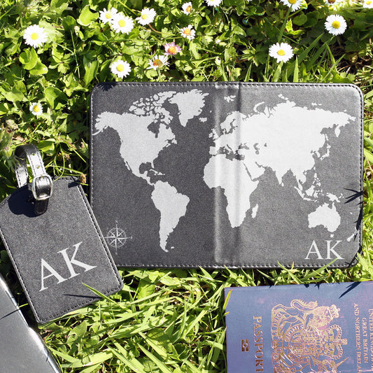 Personalised Passport Case & Tag with Grey World Map & Text - Black