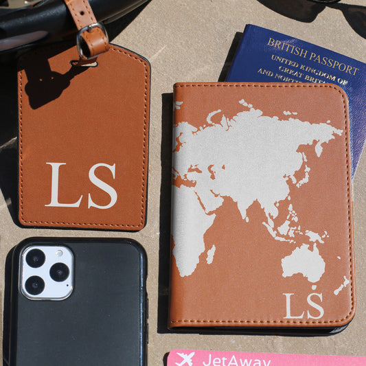 Personalised Passport Case & Tag with Grey World Map & Text - Brown