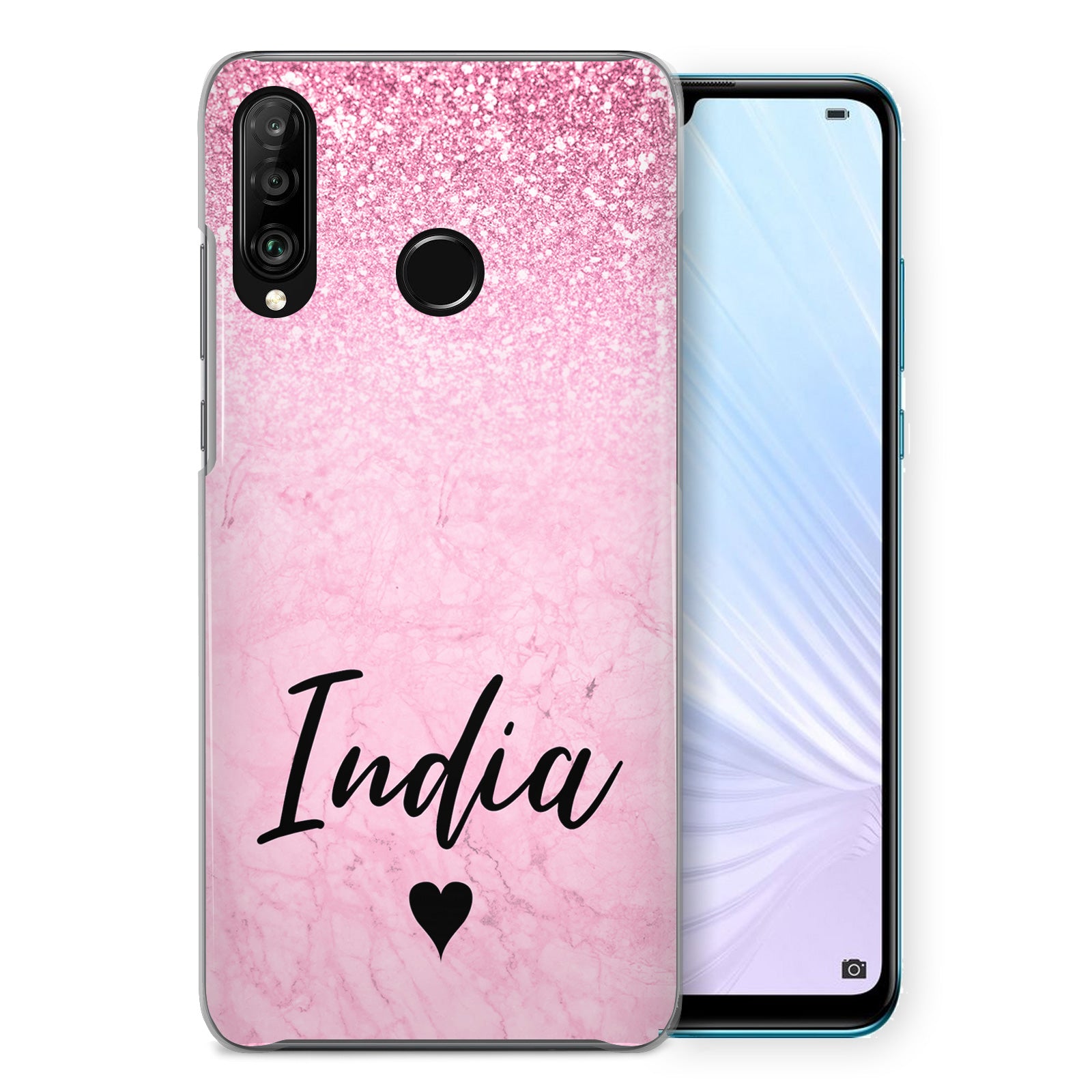 Personalised Huawei Hard Case - Pink Marble Fade & Black Heart Name