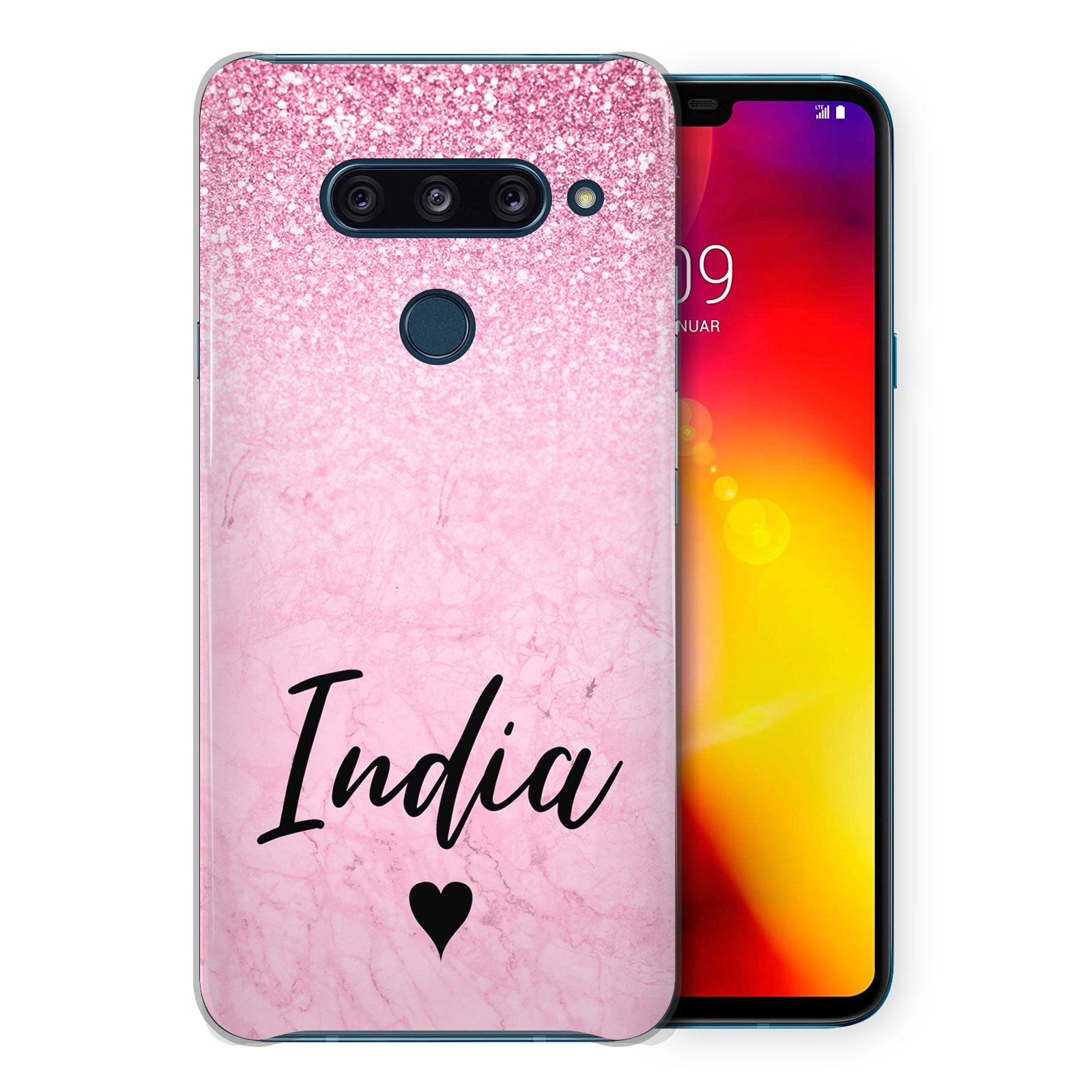 Personalised LG Hard Case - Pink Marble Fade & Black Heart Name