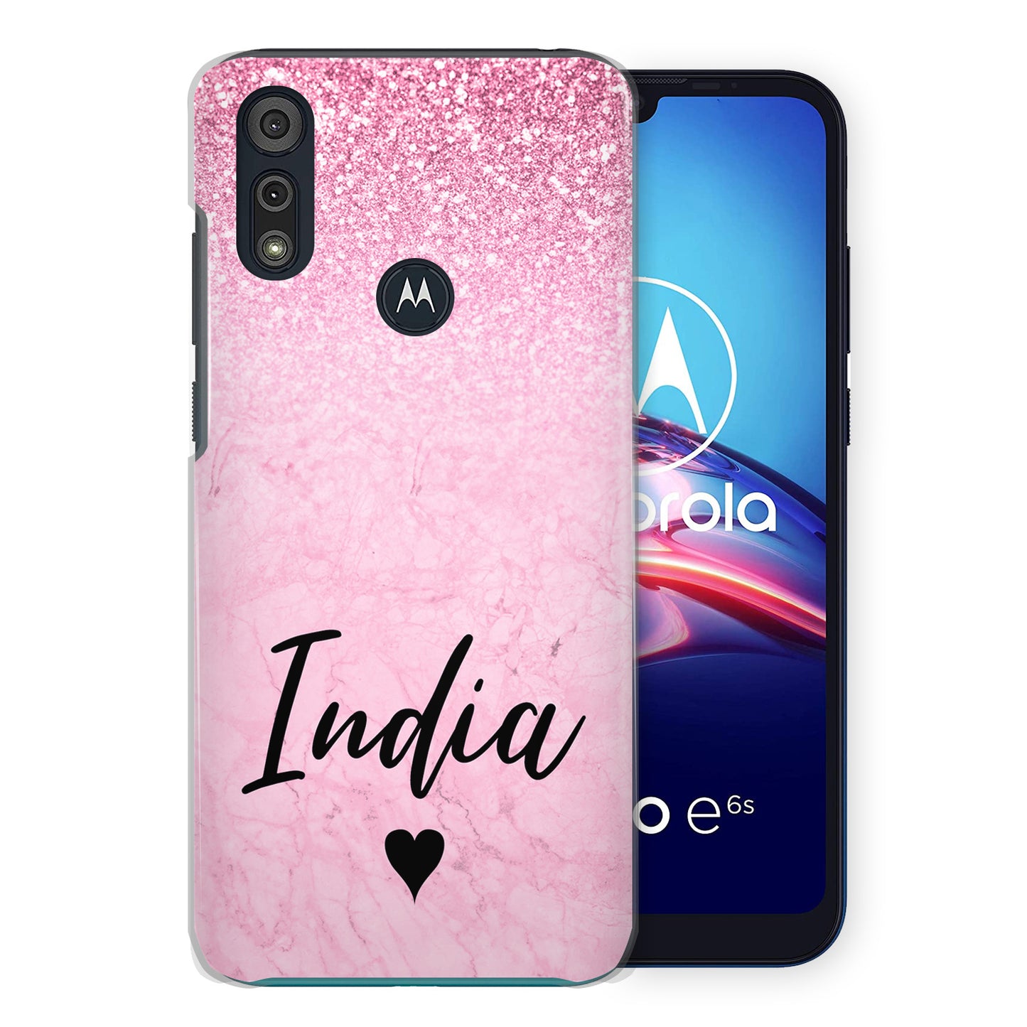 Personalised Motorola Hard Case - Pink Marble Fade & Black Heart Name