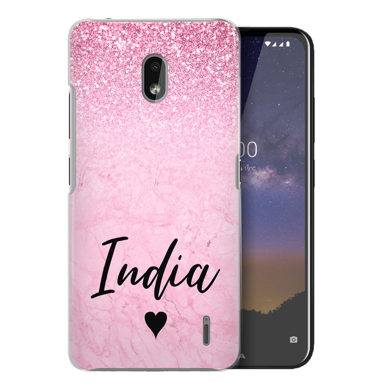 Personalised Nokia Hard Case - Pink Marble Fade & Black Heart Name
