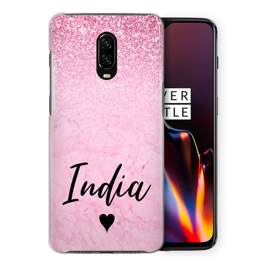 Personalised OnePlus Hard Case - Pink Marble Fade & Black Heart Name