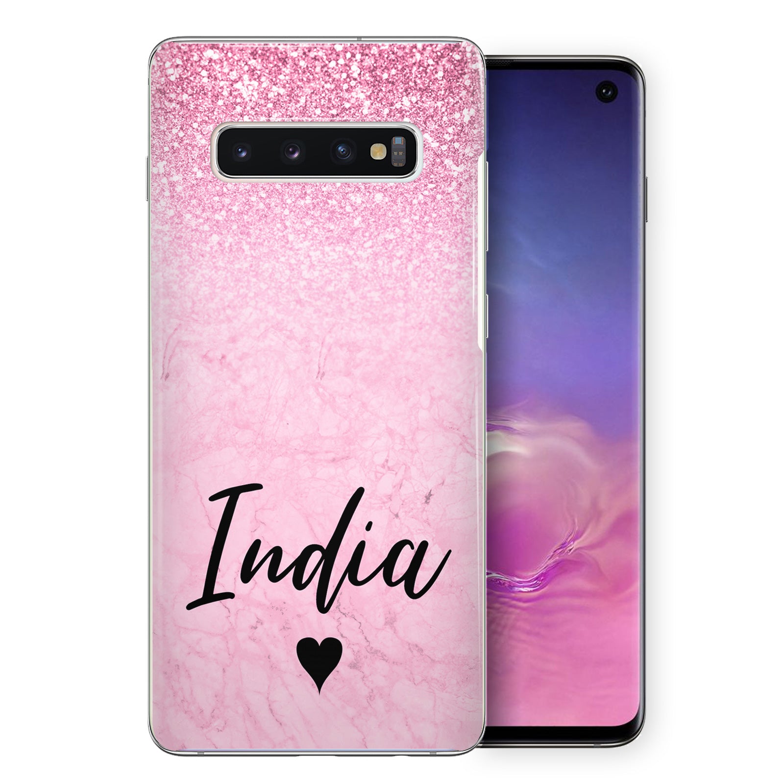 Personalised Samsung Hard Case - Pink Marble Fade & Black Heart Name