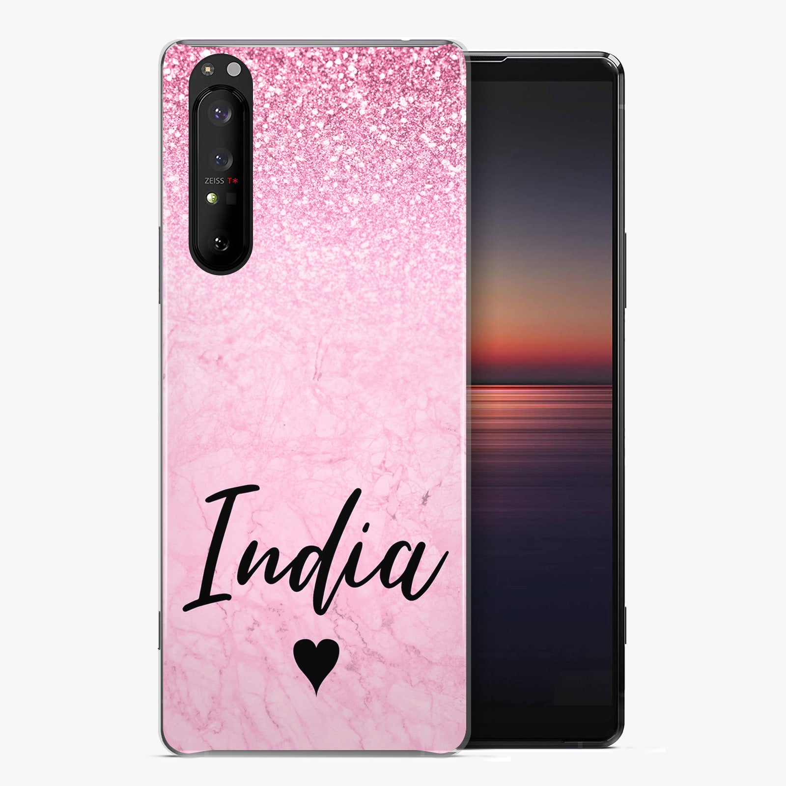Personalised Sony Hard Case - Pink Marble Fade & Black Heart Name