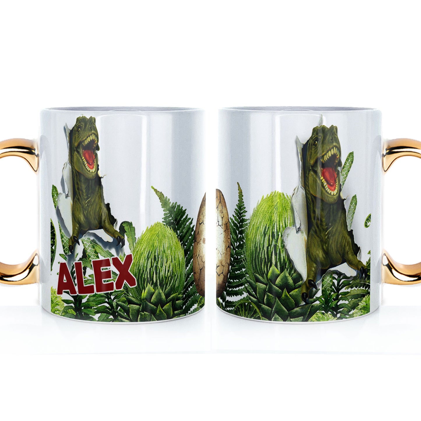 Personalised Mug with Red Bold Text and Roaring T-Rex