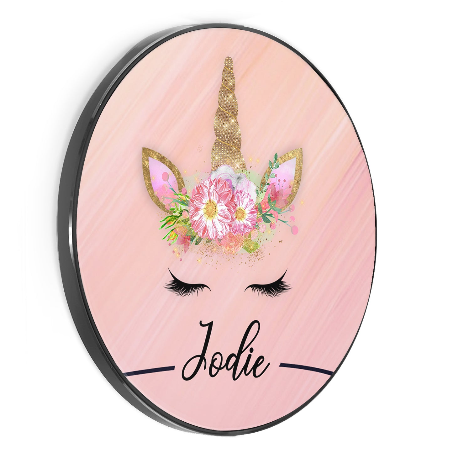 Personalised Wireless Charger with Gold Floral Unicorn and Text on Pink
