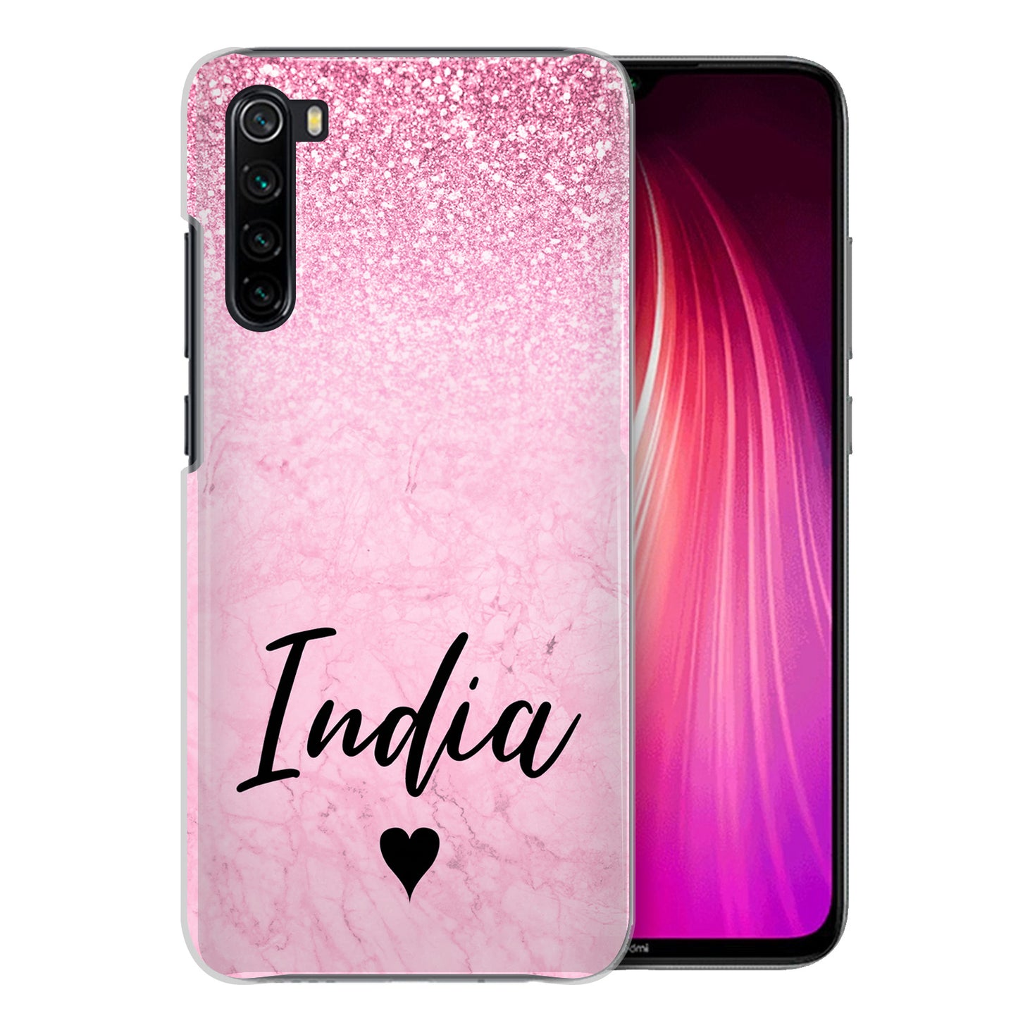 Personalised Xiaomi Hard Case - Pink Marble Fade & Black Heart Name