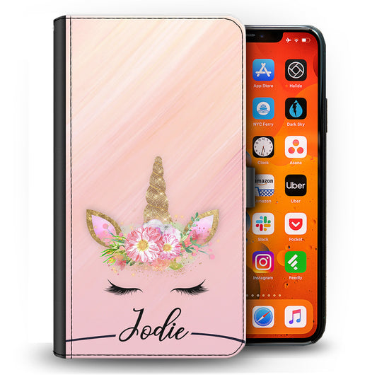 Personalised Motorola Phone Leather Wallet with Gold Floral Unicorn and Text on Pink