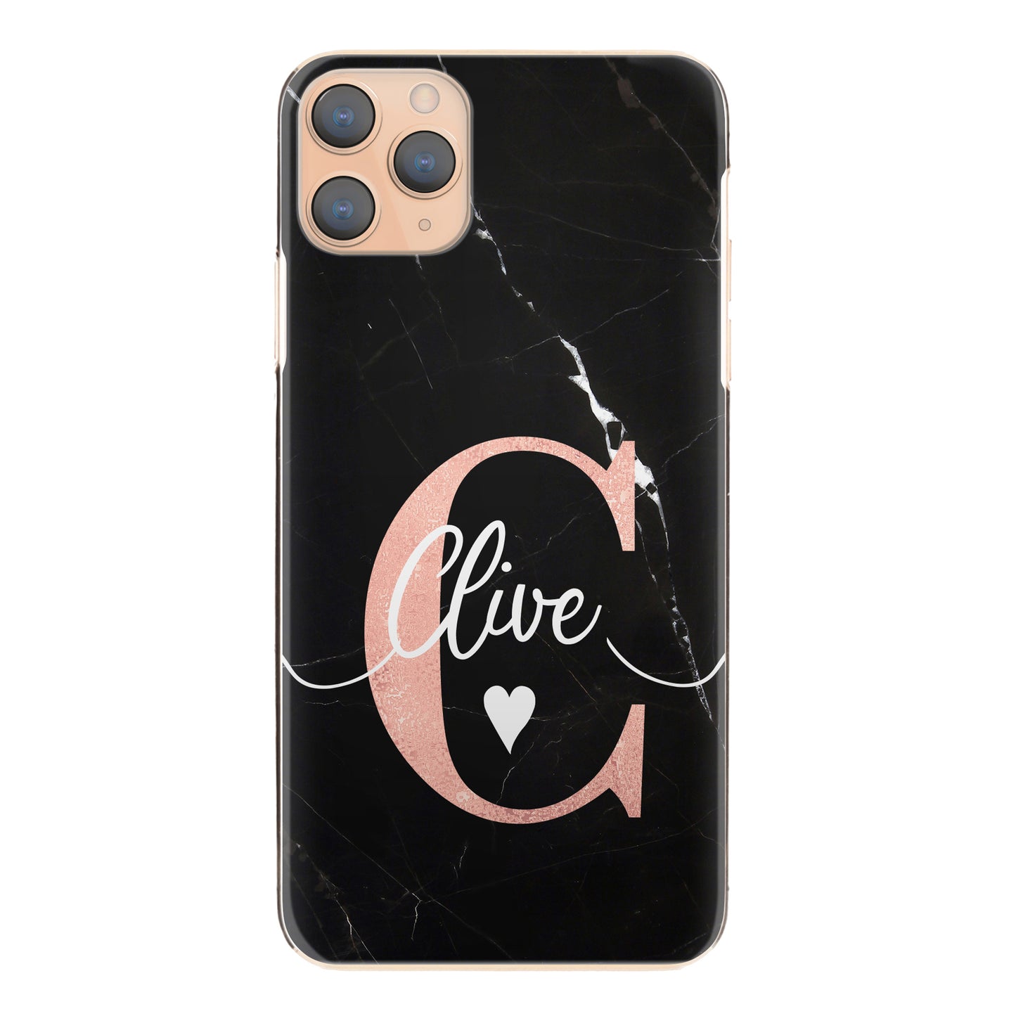Personalised One Phone Hard Case with Stylish Heart Text and Pink Initial on White Infused Black Marble