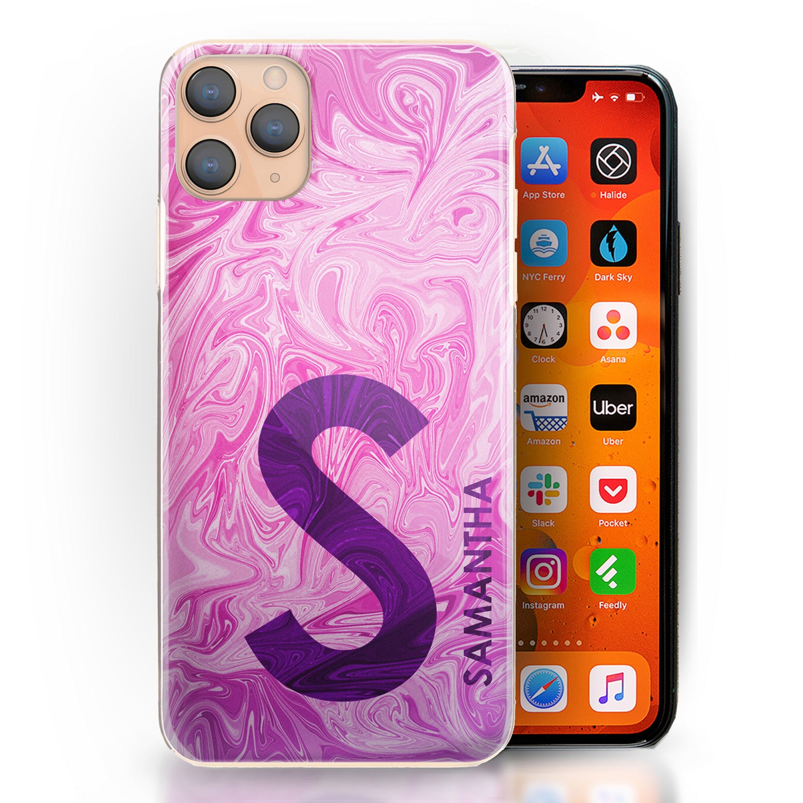 Personalised Apple iPhone Hard Case with Purple Text and Initial on Pink Swirled Marble