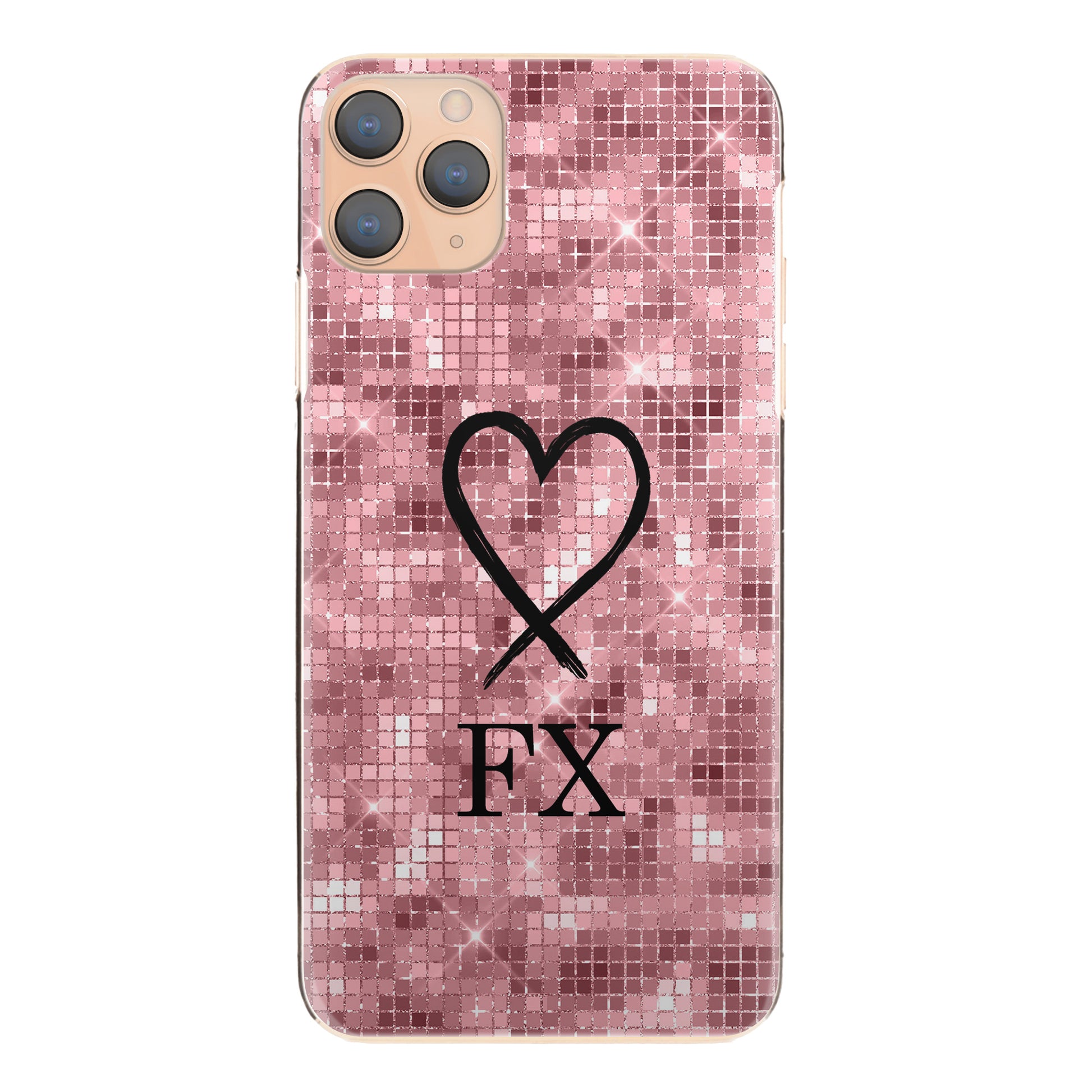 Personalised One Plus Phone Hard Case with Heart Sketch and Initials on Pink Disco Ball