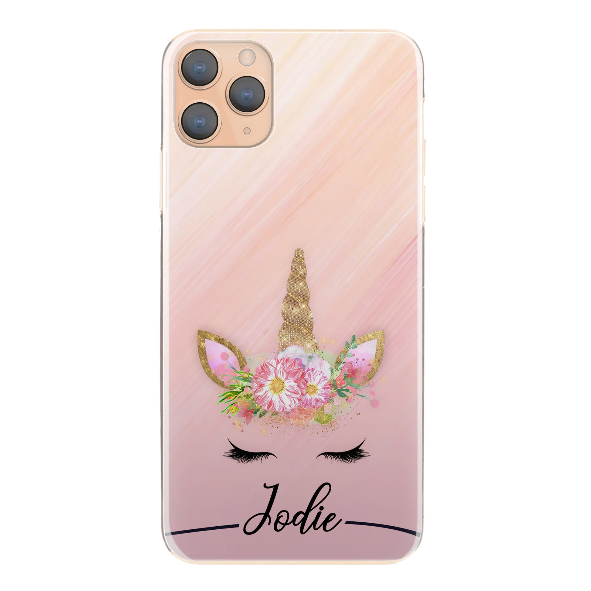 Personalised One Phone Hard Case with Gold Floral Unicorn and Text on Pink