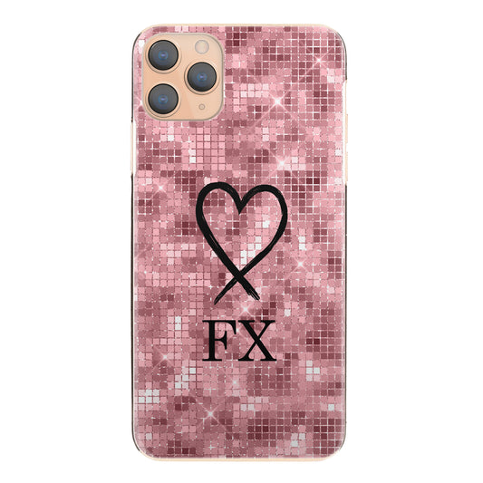 Personalised Sony Phone Hard Case with Heart Sketch and Initials on Pink Disco Ball