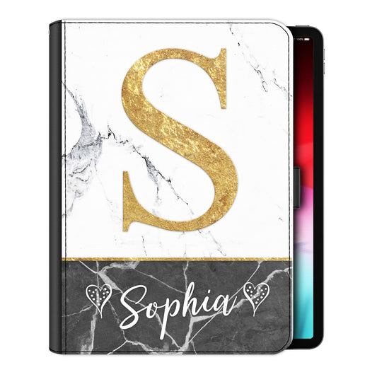 Personalised iPad Case with Gold Initial and Heart Stylised Name on Dual Marble 