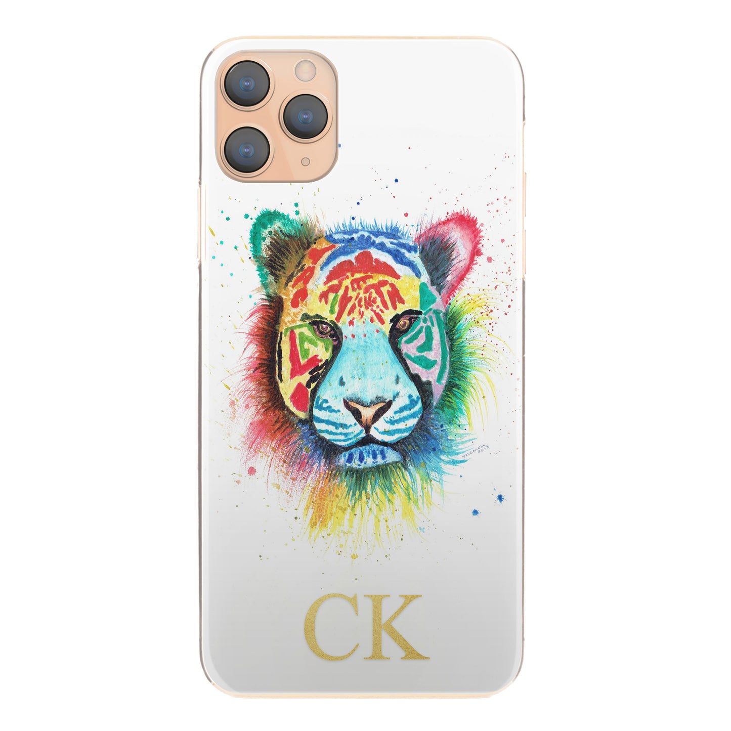 Personalised Huawei Phone Hard Case with Rainbow Tiger and Gold Initials