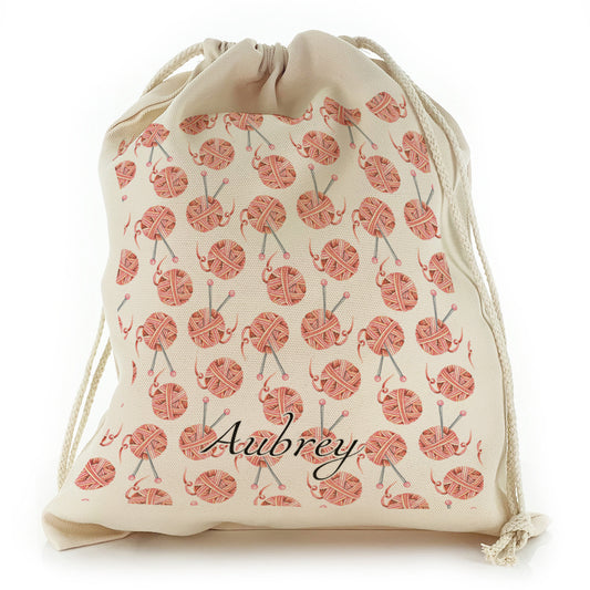 Personalised Canvas Sack with Stylish Text on Red Yarn Ball Pattern