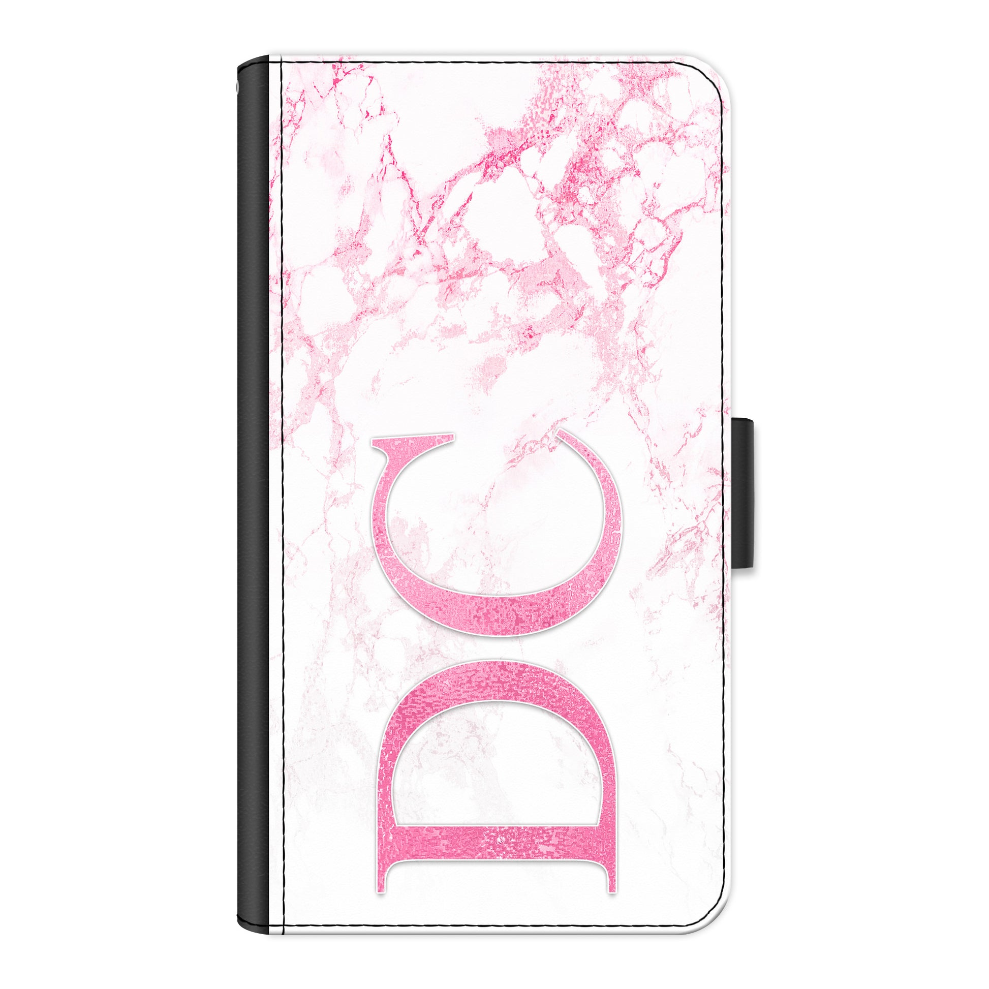 Personalised Motorola Phone Leather Wallet with Pink Initials on Pink Marble